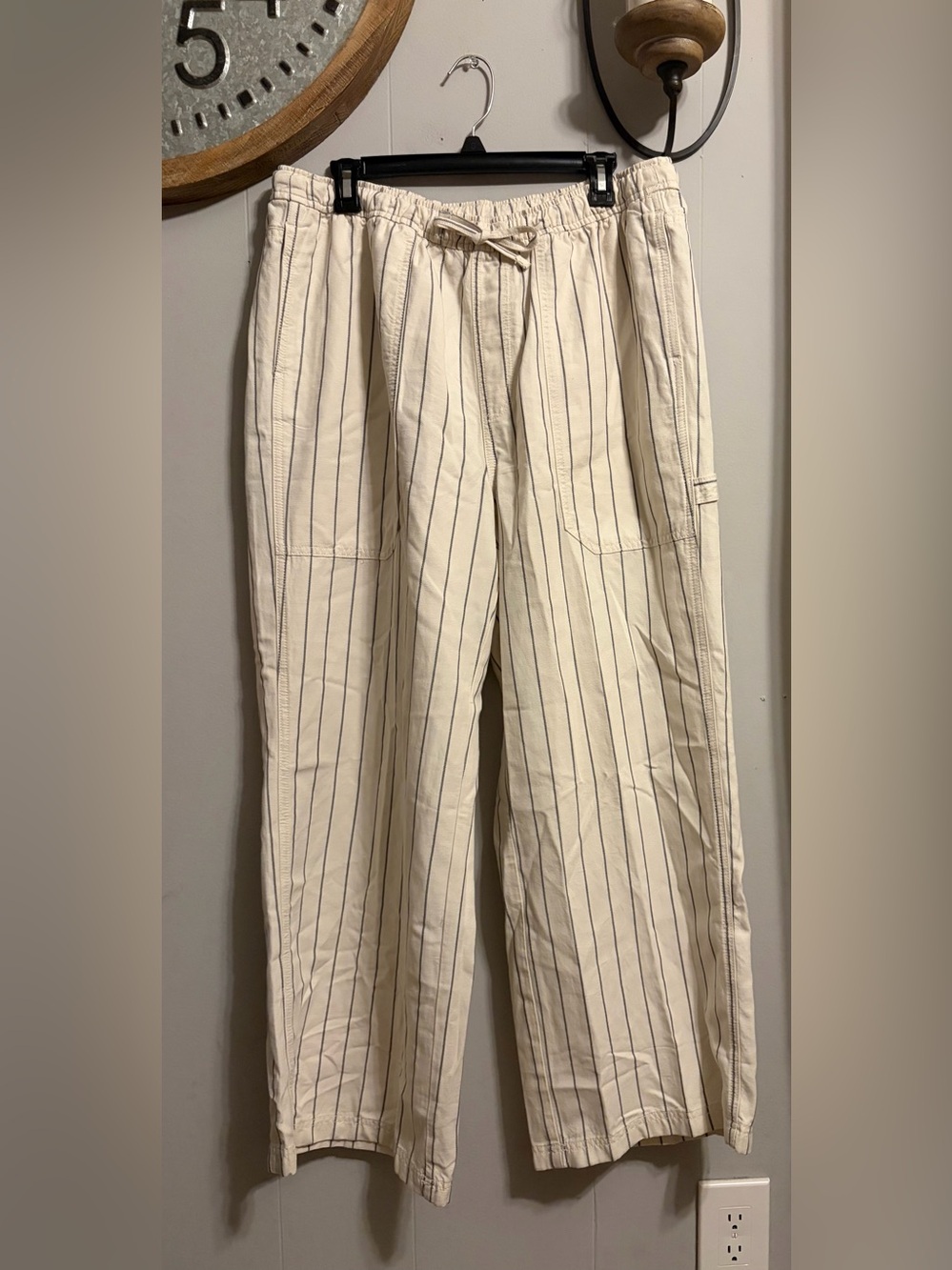 aerie Cream Trousers with Navy Pinstripes